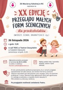Plakat: XX edycja Przeglądu Małych Form Scenicznych dla przedszkolaków, 26 listopada 2026, sala TKDC w Teatrze Cieszyńskim