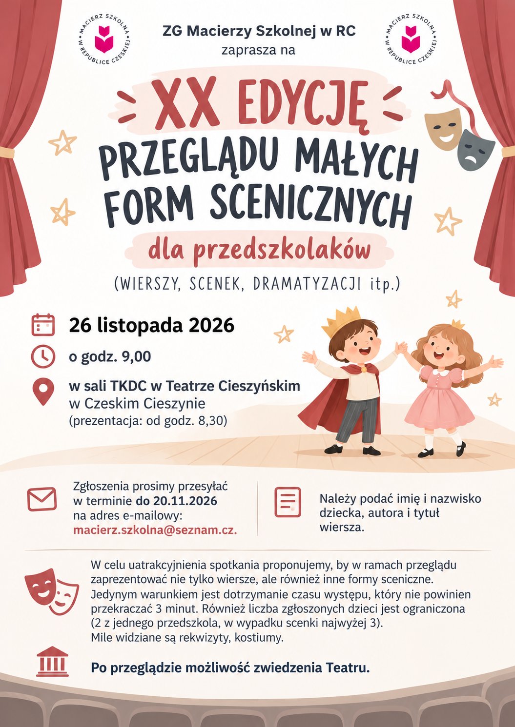 Plakat: XX edycja Przeglądu Małych Form Scenicznych dla przedszkolaków, 26 listopada 2026, sala TKDC w Teatrze Cieszyńskim